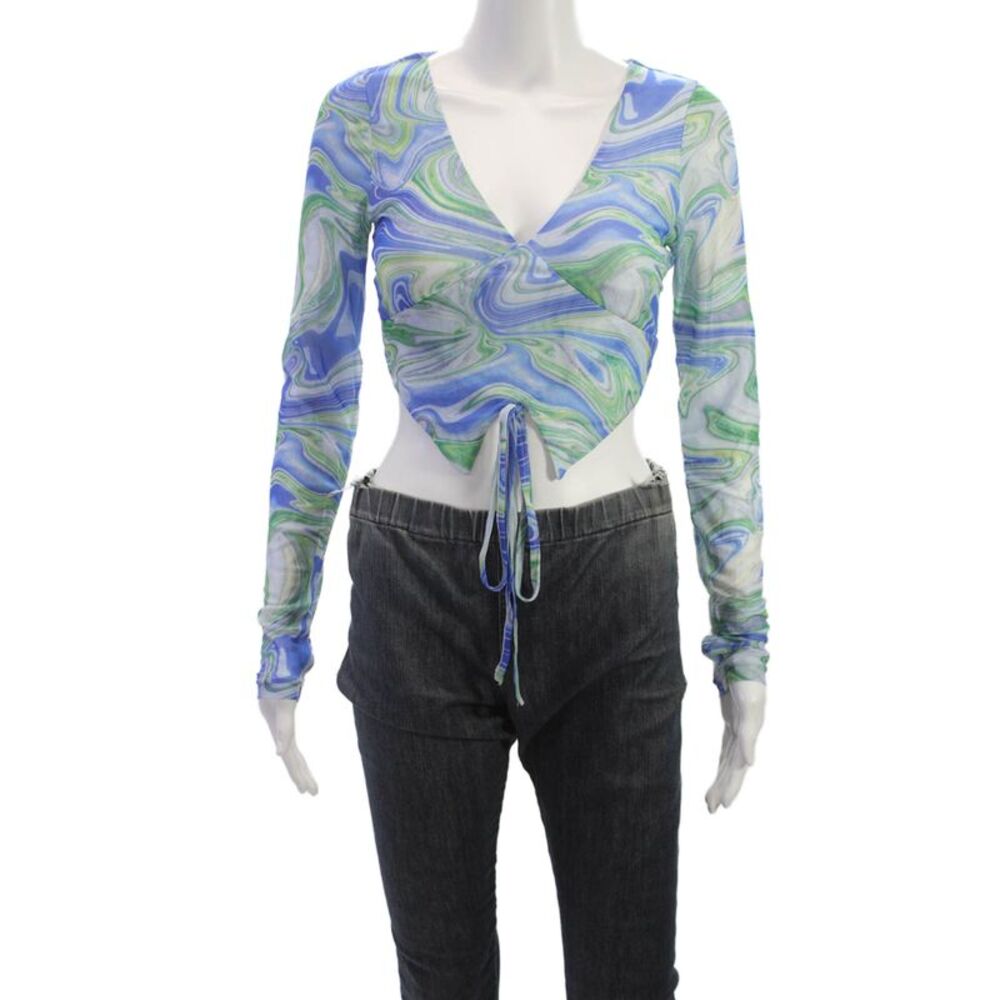 By Dyln Womens Cropped V-Neck Swirl Multicolor Blouse Long Sleeve Y2K Size S